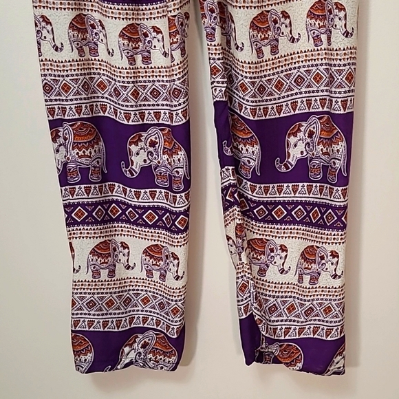 Indian Elephant Print Pull On Pants in Purple Gold Jogger Soft Rayon OS - Picture 3 of 8